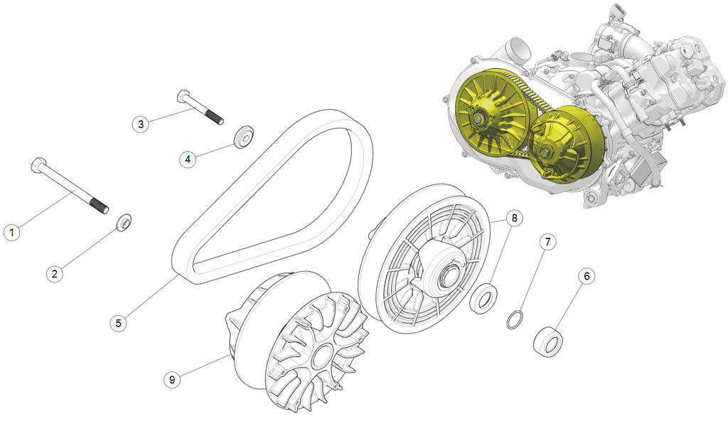 Exploded schematic of Segway AT6 SGW570F Section 3, callout 9 is the cvt drive pulley assembly (cx)