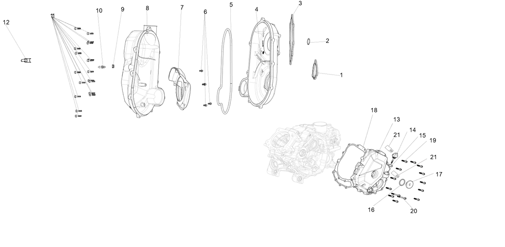 Exploded schematic of Segway AT6 SGW570F Section 10, callout 18 is the left crankcase cover gasket