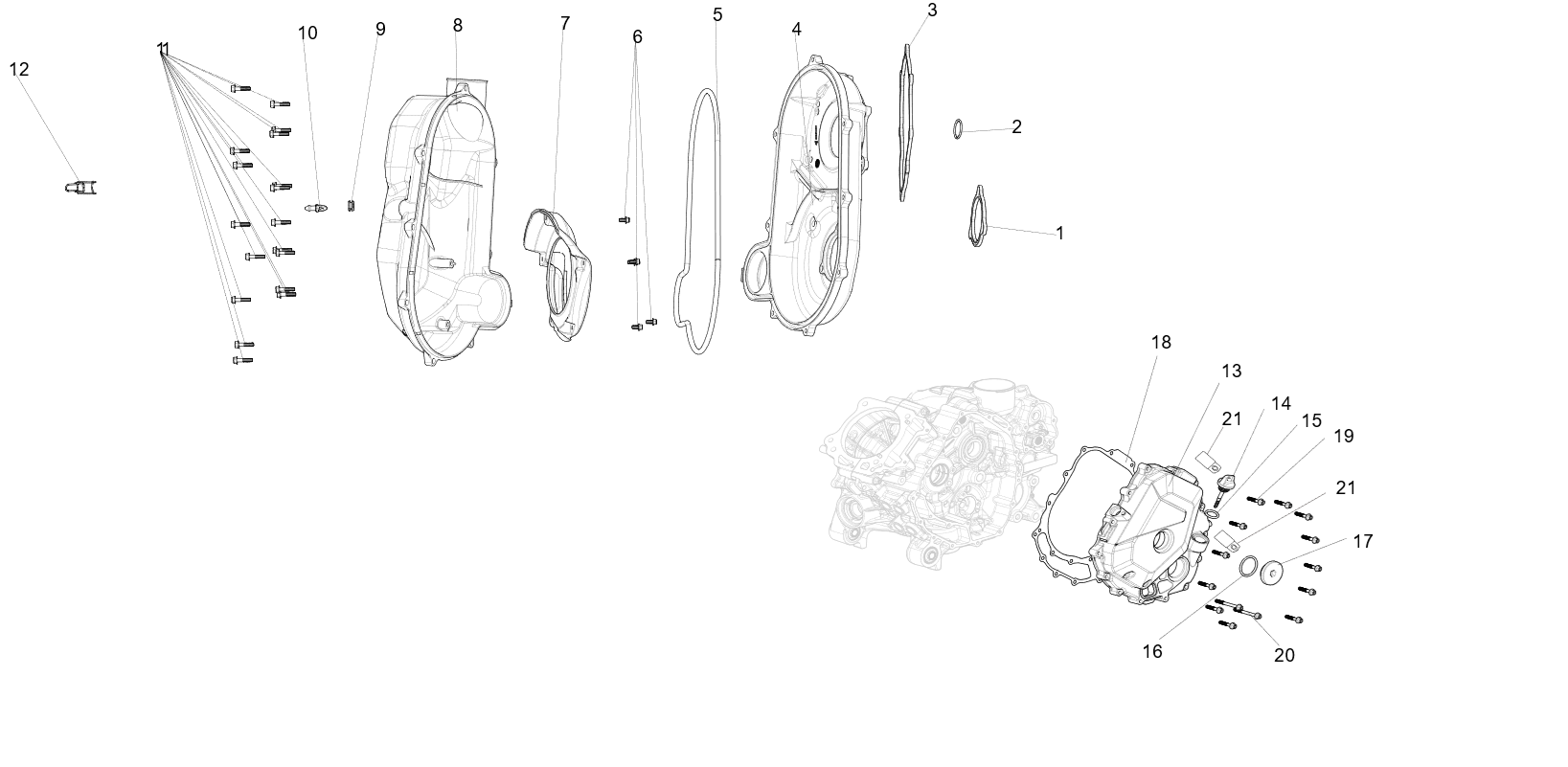 Exploded schematic of Segway AT6 SGW570F Section 10, callout 18 is the left crankcase cover gasket