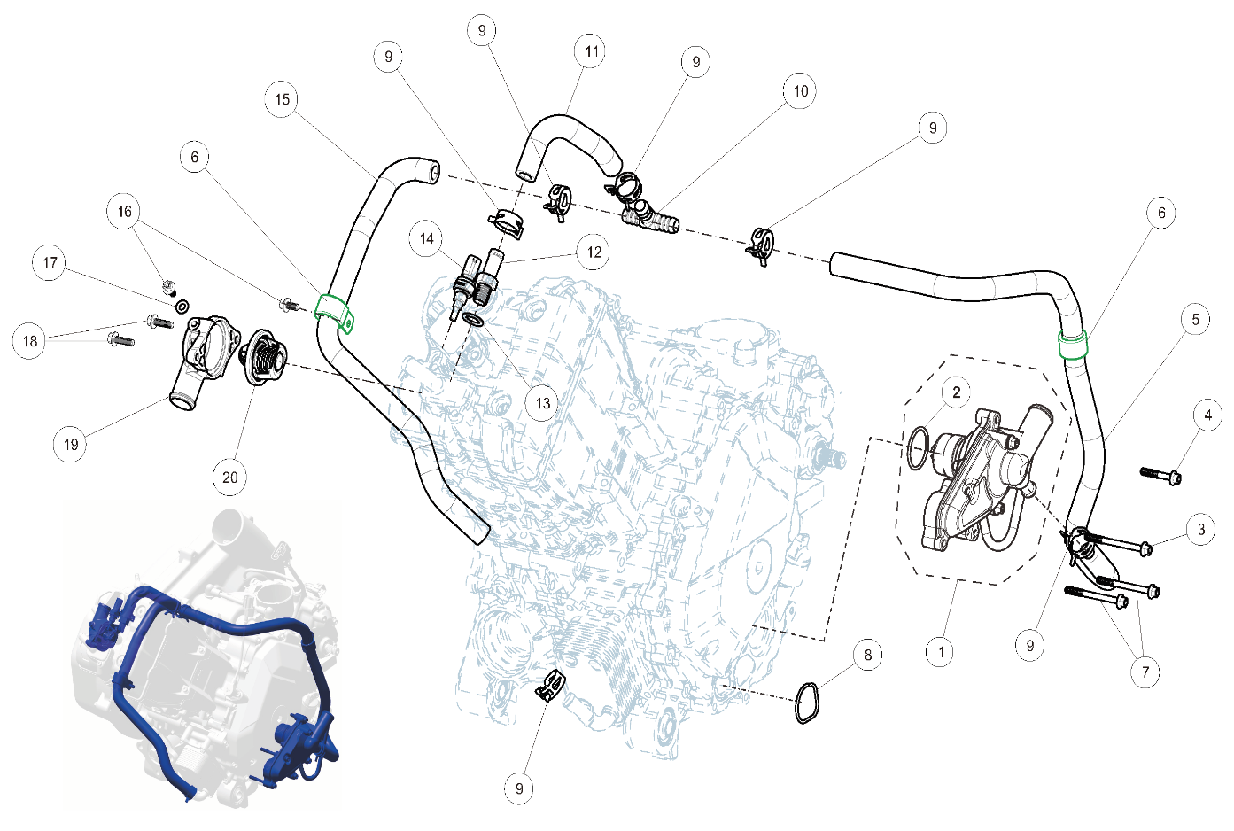 Exploded schematic of Segway AT6 SGW570F Section 13, callout 20 is the thermostat, 82℃ (180℉)