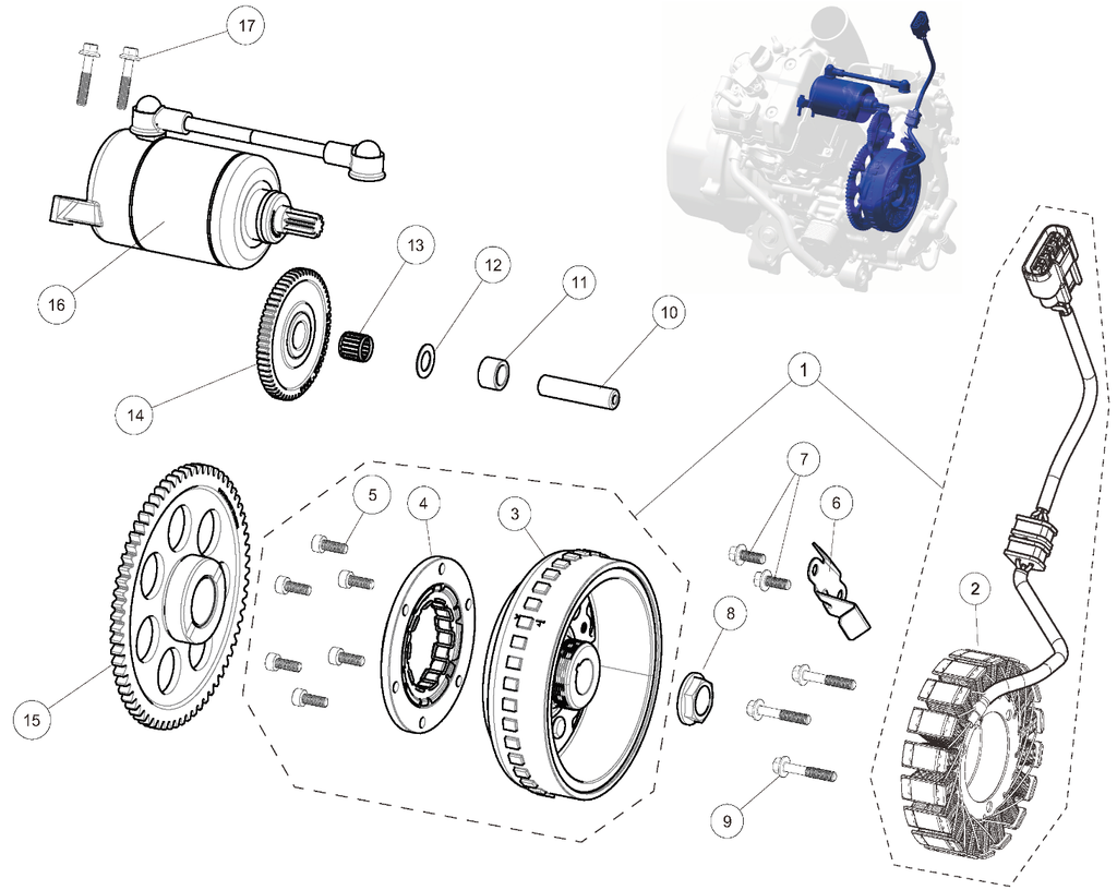 Exploded schematic of Segway AT6 SGW570F Section 14, callout 16 is the starter motor assembly