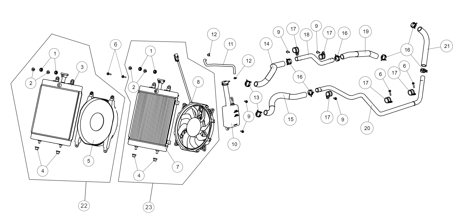 Exploded schematic of Segway AT6 SGW570F Section 16, callout 23 is the motor radiator (v)