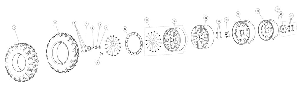 Exploded schematic of Segway AT6 SGW570F Section 18, callout 18 is the 12 "front rim glossy black