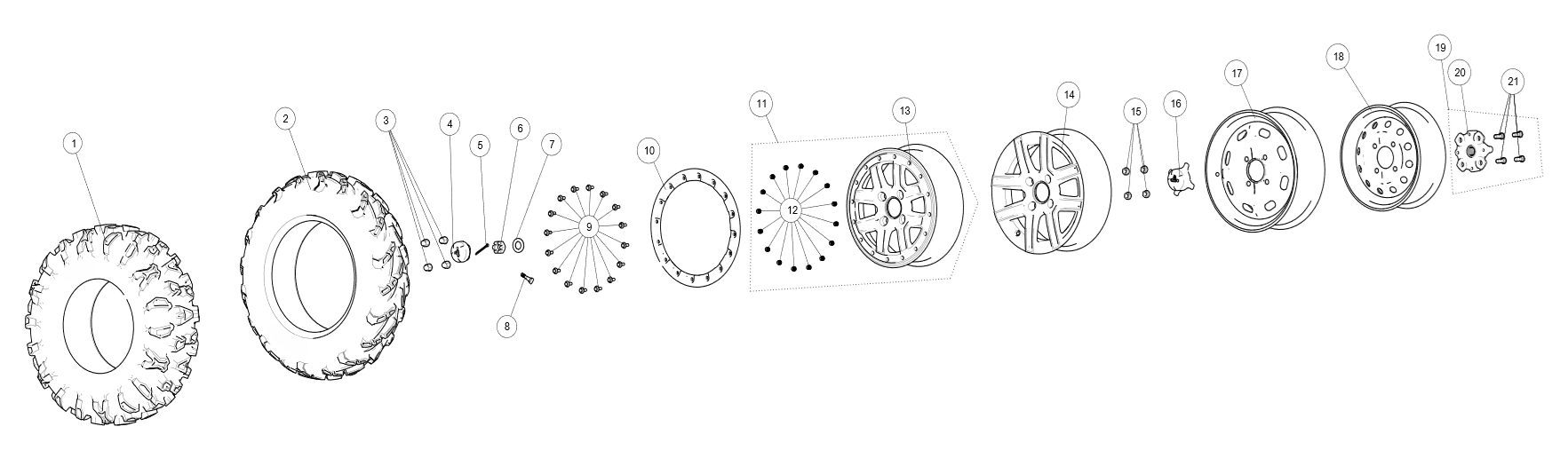 Exploded schematic of Segway AT6 SGW570F Section 18, callout 18 is the 12 "front rim glossy black