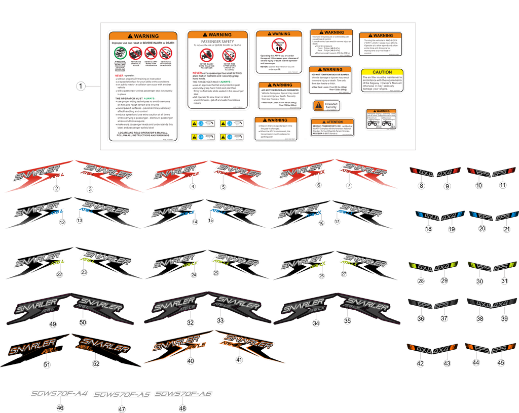 Exploded schematic of Segway AT6 SGW570F Section 22, callout 52 is the snarler at6 s right orange