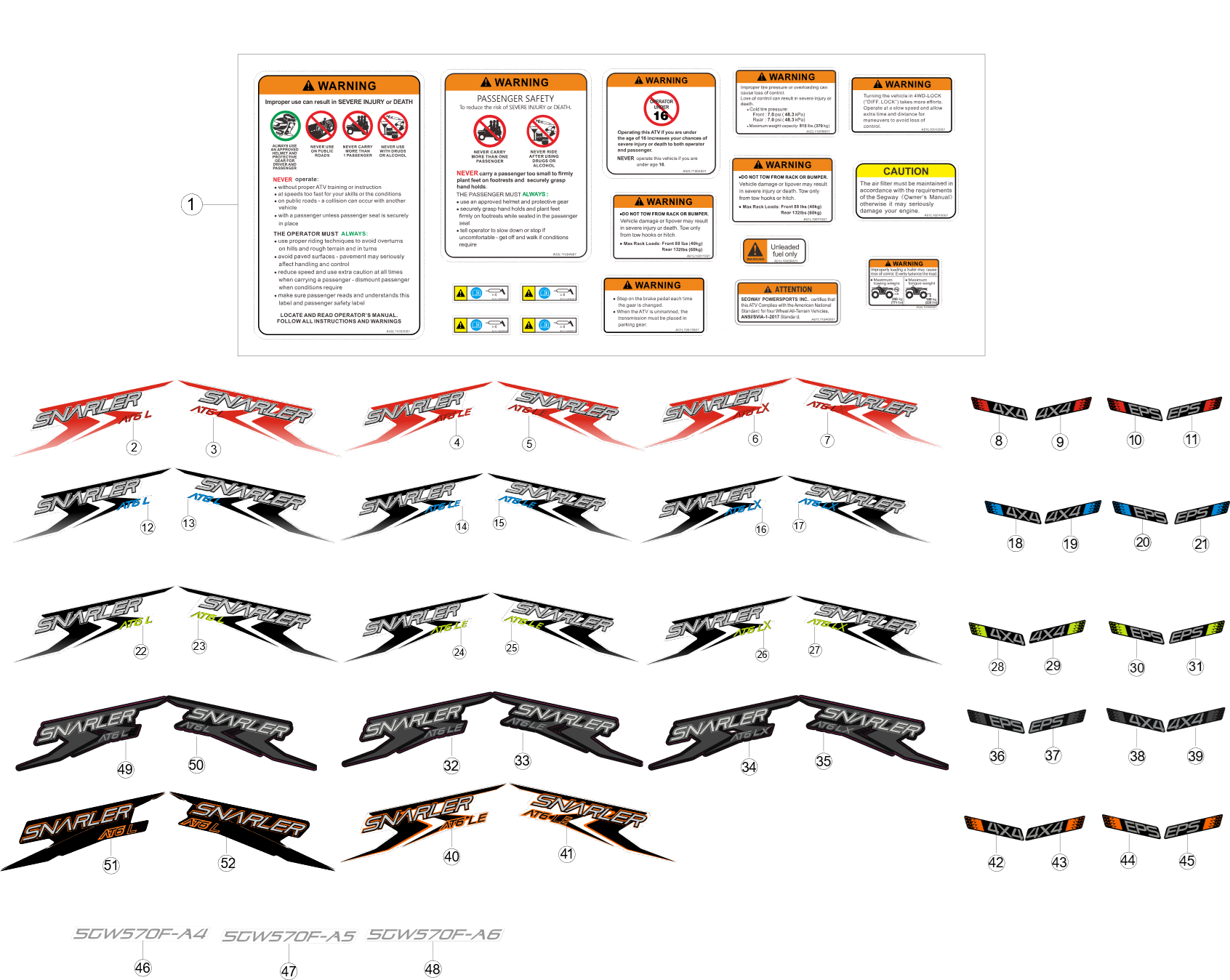 Exploded schematic of Segway AT6 SGW570F Section 22, callout 52 is the snarler at6 s right orange