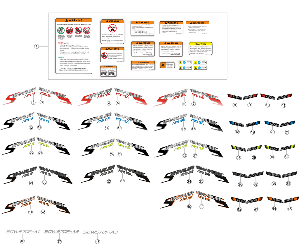 Exploded schematic of Segway AT6 SGW570F Section 23, callout 52 is the snarler at6 s right orange