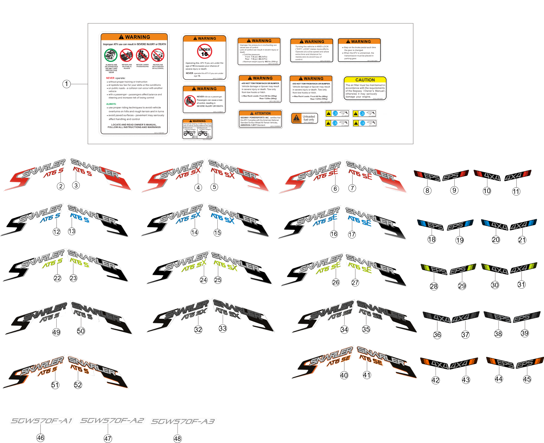 Exploded schematic of Segway AT6 SGW570F Section 23, callout 52 is the snarler at6 s right orange