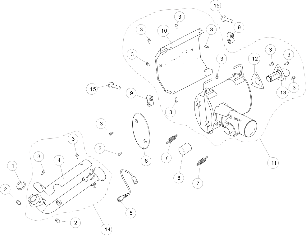 Exploded schematic of Segway AT6 SGW570F Section 57, callout 14 is the front exhaust pipe assy (long vehicle)