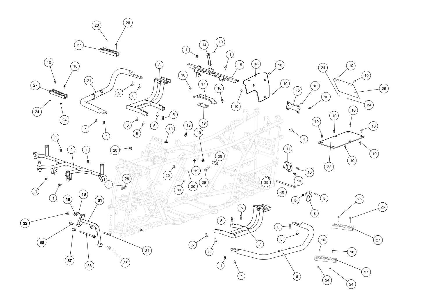 Exploded schematic of Segway AT6 SGW570F Section 61, callout 21 is the black right footpedal protection rod