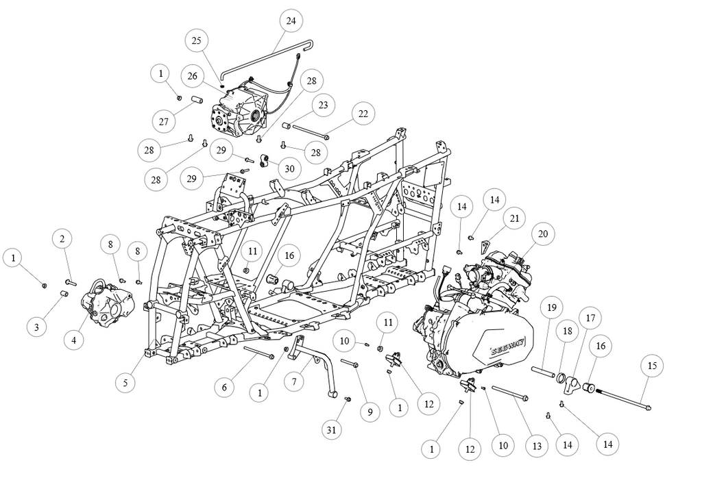 Exploded schematic of Segway AT6 SGW570F Section 62, callout 30 is the hanging buffer sleeve