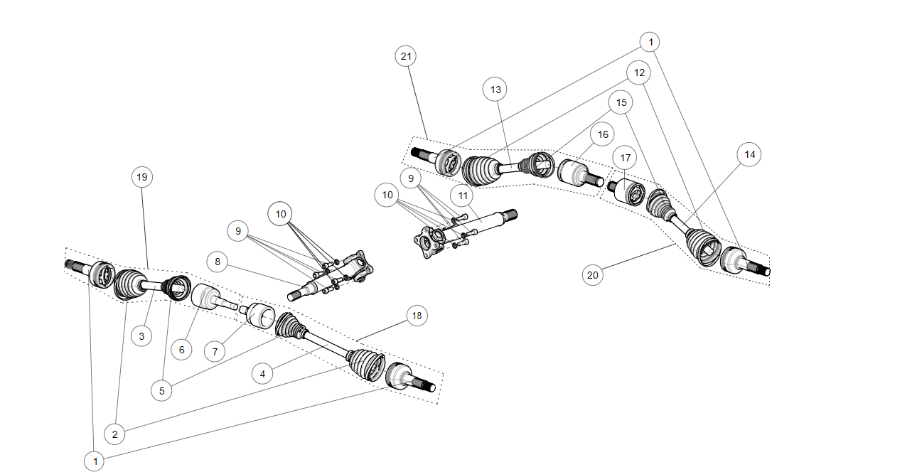 Exploded schematic of Segway AT6 SGW570F Section 72, callout 21 is the rr drive shaft assy (no diff)
