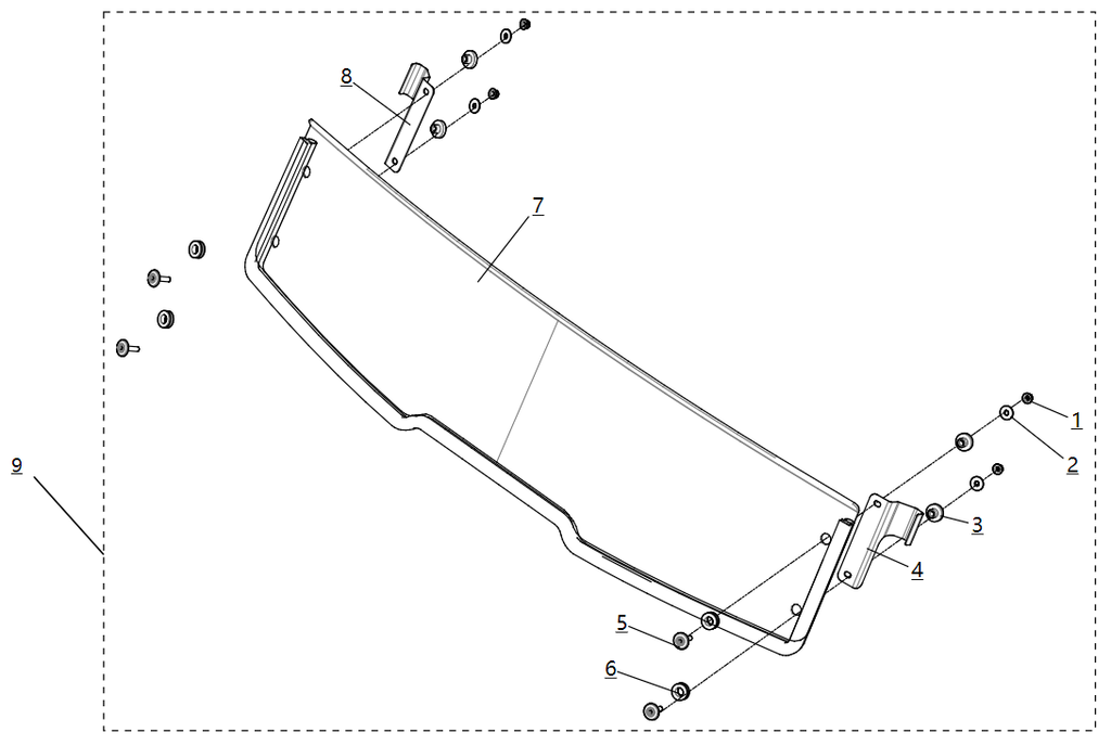 Exploded schematic of Segway Fugleman UT10 Half Windshield, callout 9 is the half windshield