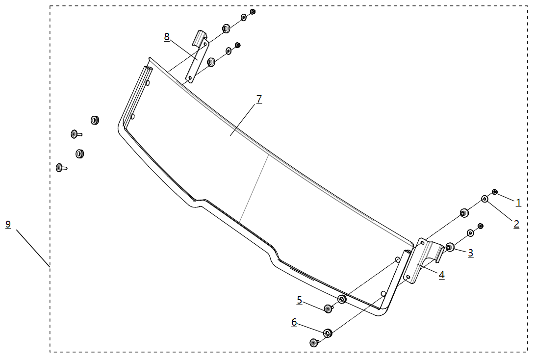 Exploded schematic of Segway Fugleman UT10 Half Windshield, callout 9 is the half windshield
