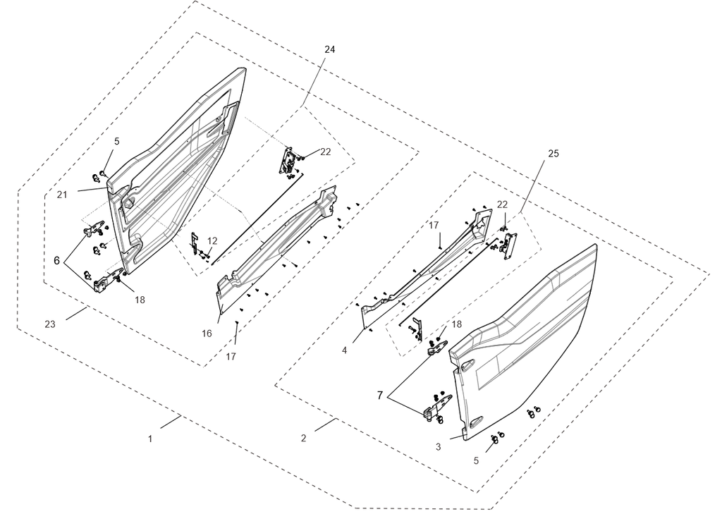 Exploded schematic of Segway Fugleman UT10 Half Door, callout 25 is the left door lock assy