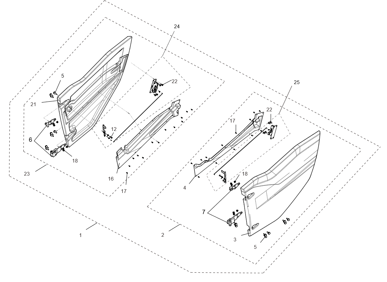 Exploded schematic of Segway Fugleman UT10 Half Door, callout 25 is the left door lock assy