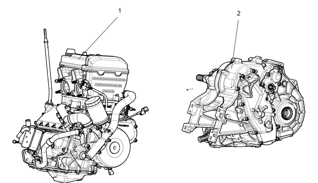 Exploded schematic of Segway Fugleman UT10 Powertrain, callout 2 is the utv gearbox component (with diff)