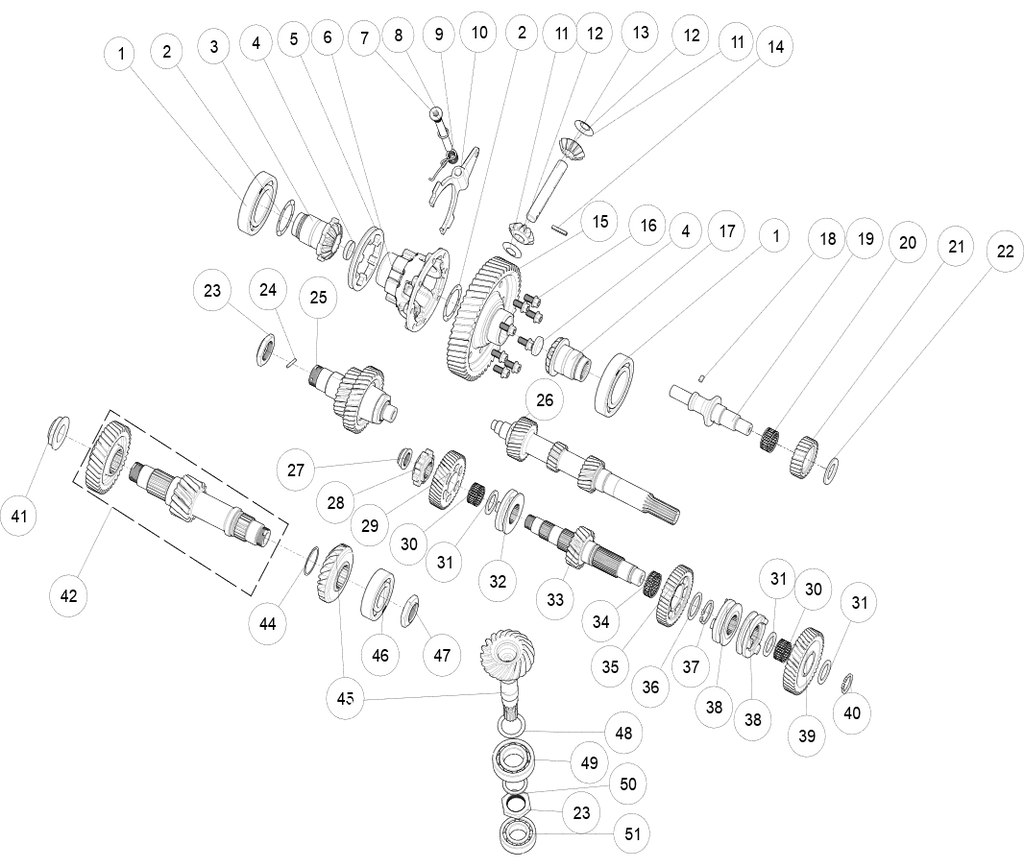 Exploded schematic of Segway Fugleman UT10 Transmission Components With Diff, callout 45 is the drive and driven bevel gear combination