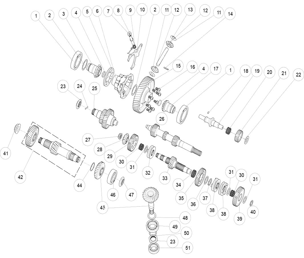Exploded schematic of Segway Fugleman UT10 Transmission Components With Diff, callout 45 is the drive and driven bevel gear combination
