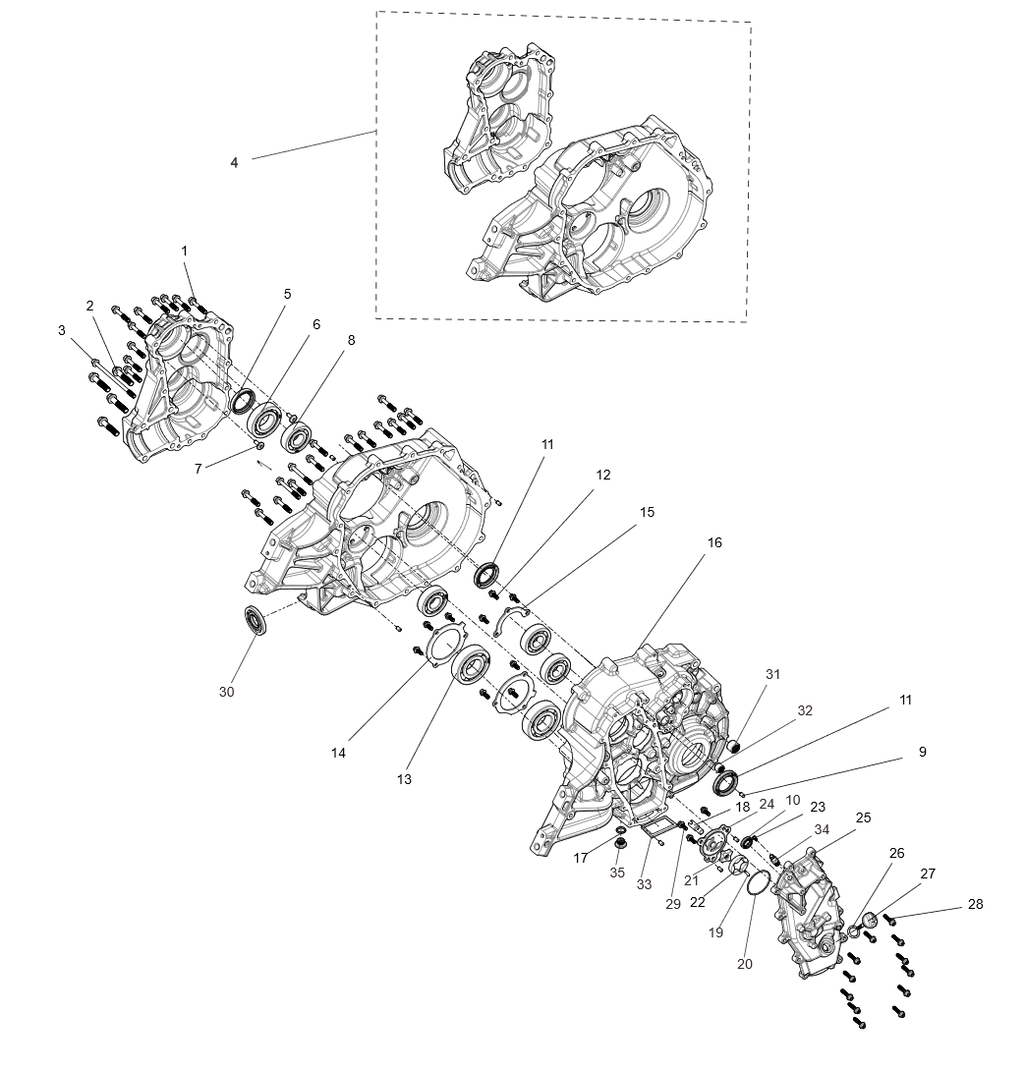 Exploded schematic of Segway Fugleman UT10 Gearbox Combination With Diff, callout 16 is the left gearbox body (with diff)