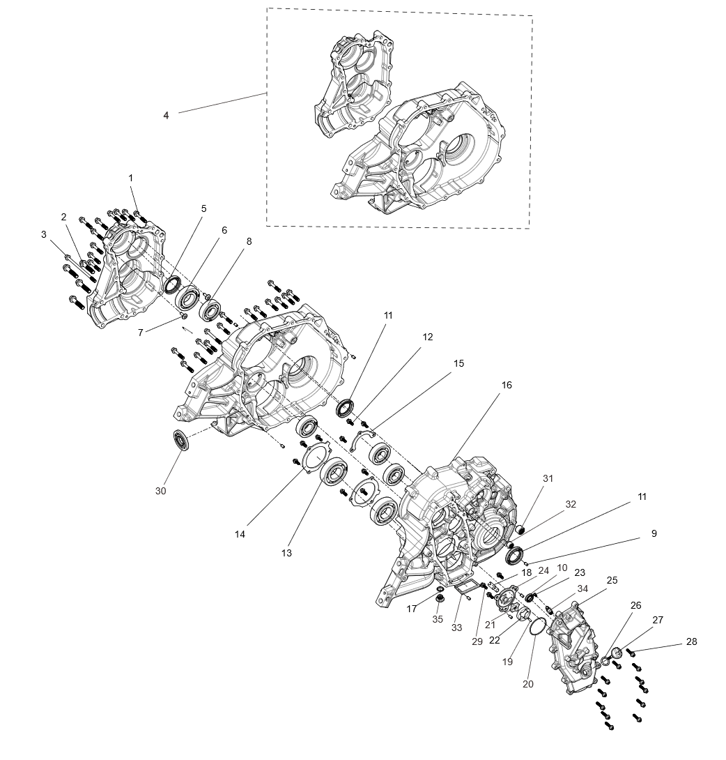Exploded schematic of Segway Fugleman UT10 Gearbox Combination With Diff, callout 16 is the left gearbox body (with diff)