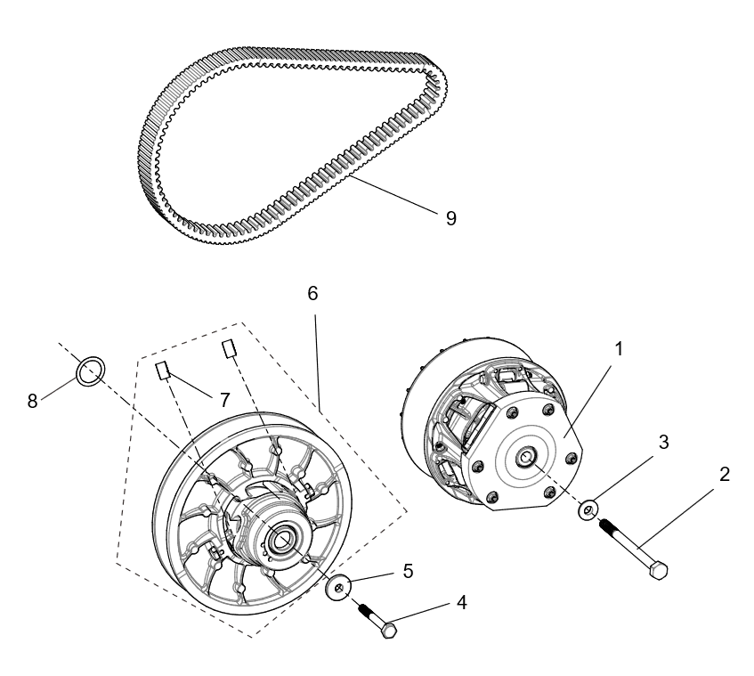 Exploded schematic of Segway Fugleman UT10 CVT Assembly Hz CVT, callout 9 is the belt 101-33.7-28 (hz)
