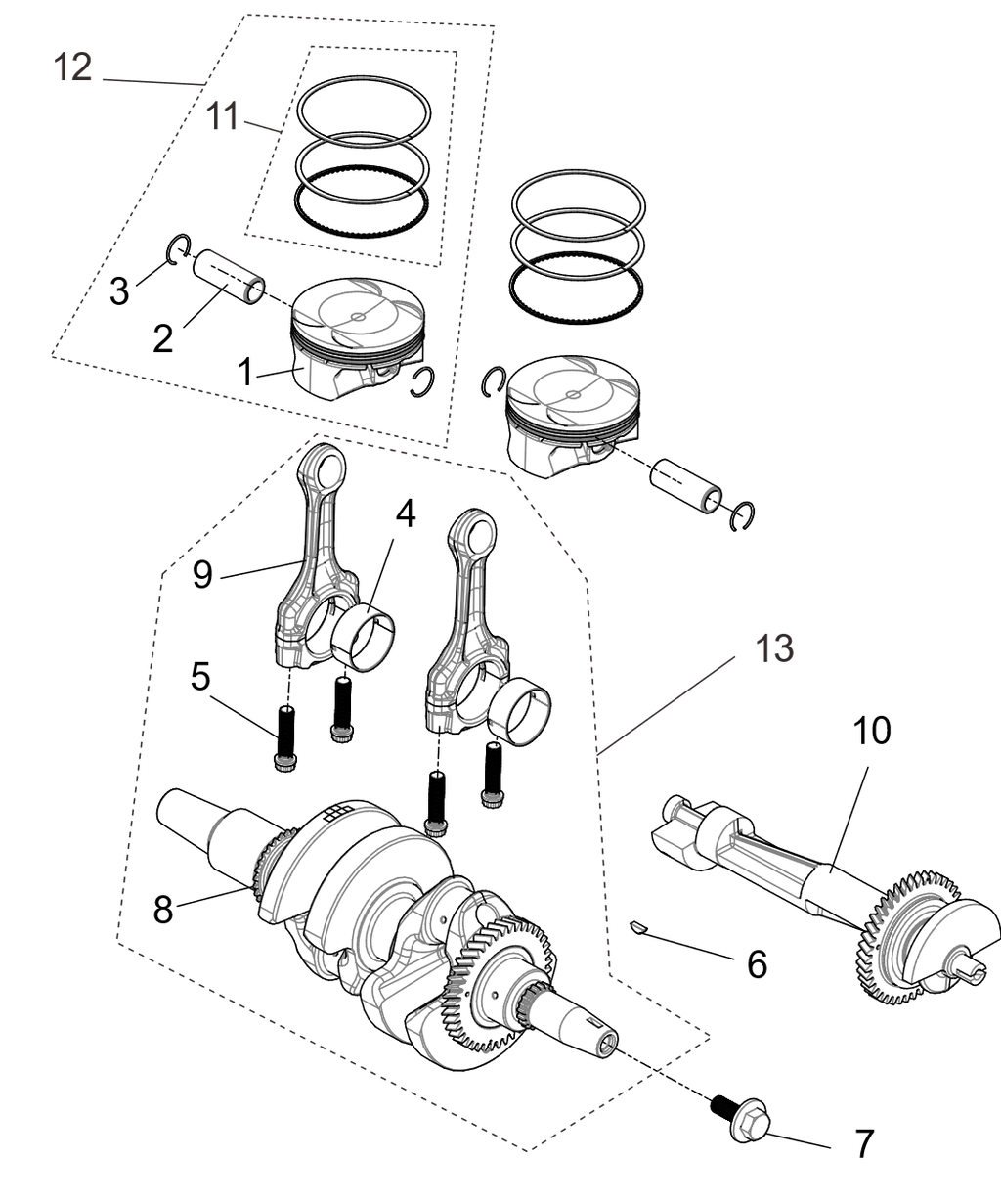 Exploded schematic of Segway Fugleman UT10 Crankshaft Connection Rod&piston Assembly, callout 5 is the connecting rod bolt