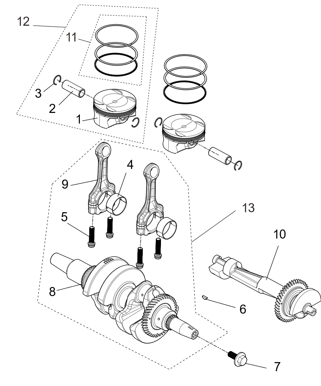 Exploded schematic of Segway Fugleman UT10 Crankshaft Connection Rod&piston Assembly, callout 5 is the connecting rod bolt