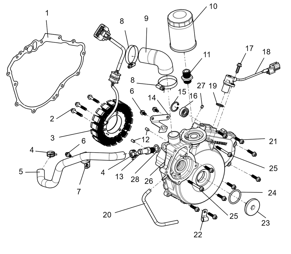Exploded schematic of Segway Fugleman UT10 Left Crankcase Cover Sub-assembly, callout 3.1 is the magneto stator assembly (980w)