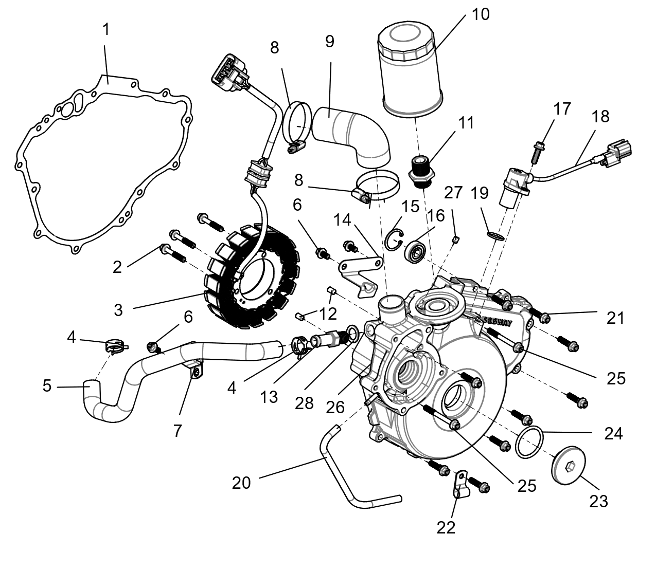 Exploded schematic of Segway Fugleman UT10 Left Crankcase Cover Sub-assembly, callout 3.1 is the magneto stator assembly (980w)