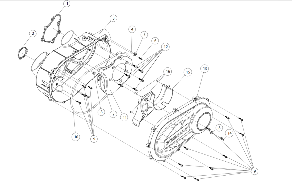 Exploded schematic of Segway Fugleman UT10 CVT Box Hz CVT, callout 15 is the cvt cover inner baffle (hz)