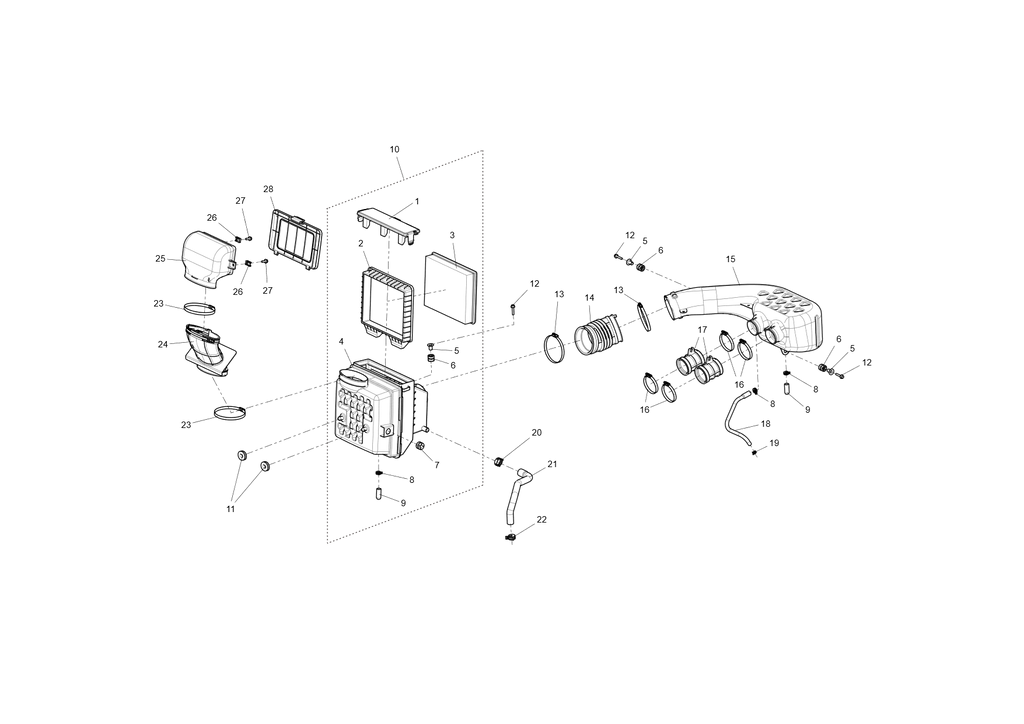Exploded schematic of Segway Fugleman UT10 Intake System Assembly, callout 28 is the air filter inlet cap