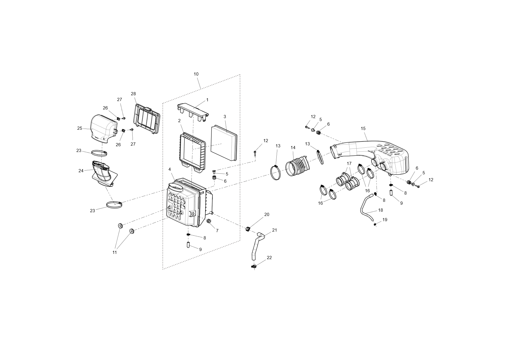 Exploded schematic of Segway Fugleman UT10 Intake System Assembly, callout 28 is the air filter inlet cap