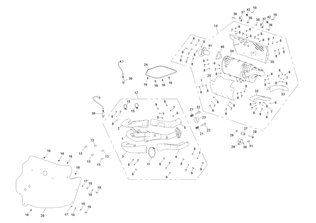 Exploded schematic of Segway Fugleman UT10 Exhaust System Assembly, callout 42 is the large washer a grade 8