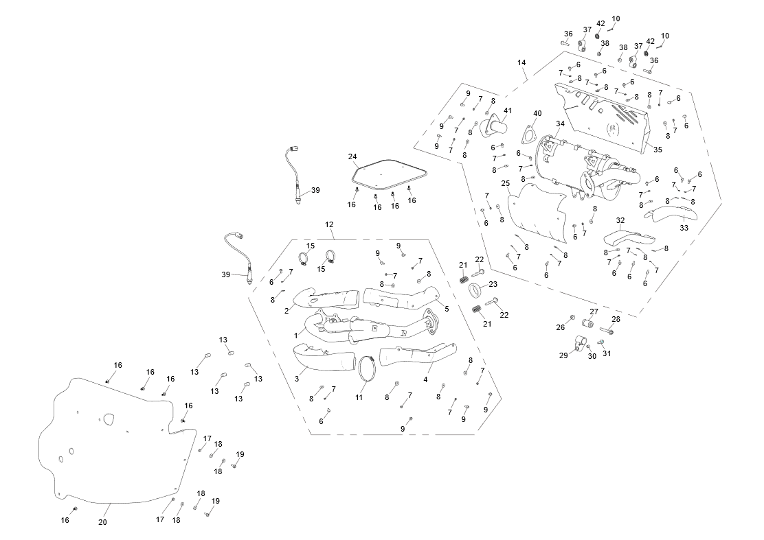 Exploded schematic of Segway Fugleman UT10 Exhaust System Assembly, callout 42 is the large washer a grade 8