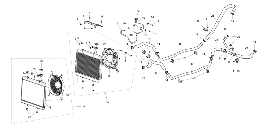 Exploded schematic of Segway Fugleman UT10 2022 Cooling System Assembly, callout 36 is the engine radiator assy (v)