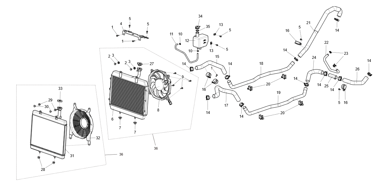 Exploded schematic of Segway Fugleman UT10 2022 Cooling System Assembly, callout 36 is the engine radiator assy (v)