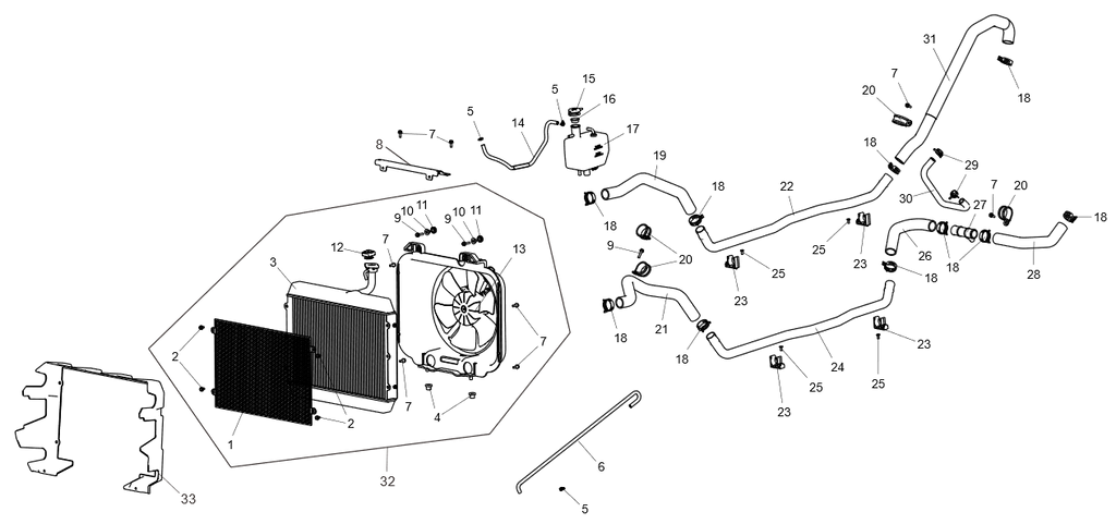 Exploded schematic of Segway Fugleman UT10 Cooling System Assembly 2023, callout 33 is the radiator front baffle