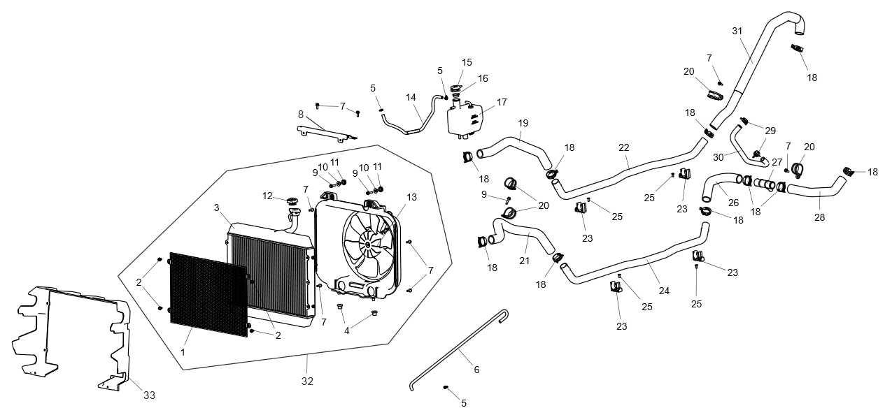 Exploded schematic of Segway Fugleman UT10 Cooling System Assembly 2023, callout 33 is the radiator front baffle