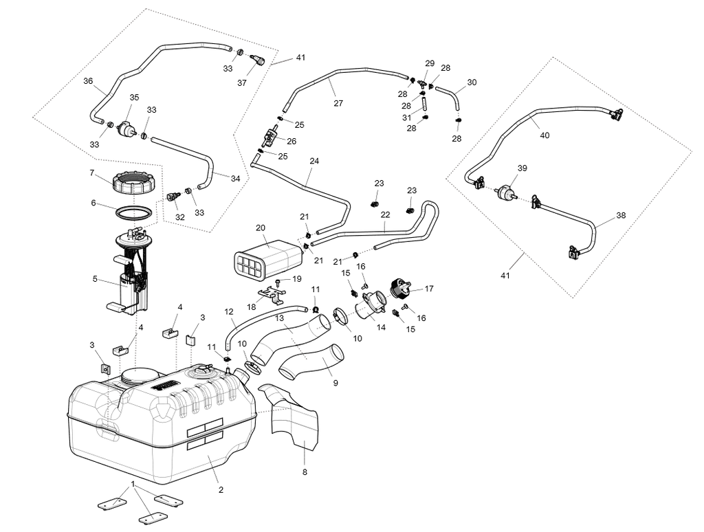 Exploded schematic of Segway Fugleman UT10 Fuel Supply System-us Standard, callout 41 is the u09 electric fuel injection circuit assy (rubber)