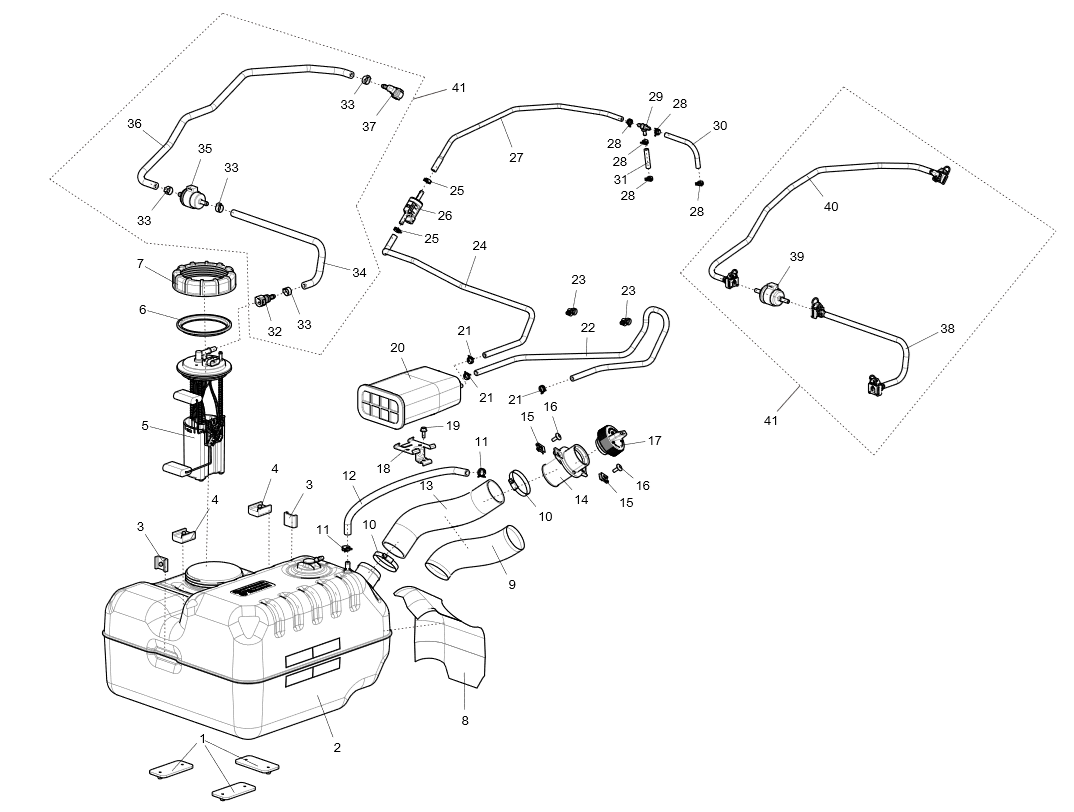 Exploded schematic of Segway Fugleman UT10 Fuel Supply System-us Standard, callout 41 is the u09 electric fuel injection circuit assy (rubber)