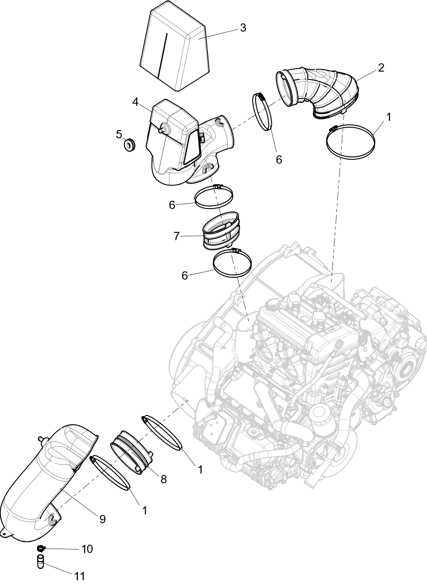 Exploded schematic of Segway Fugleman UT10 CVT Intake And Exhaust, callout 9 is the cvt outlet pipe