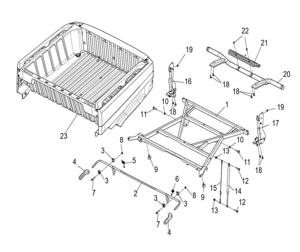 Exploded schematic of Segway Fugleman UT10 Rear Cargo Box Assembly-us Standard, callout 23 is the u01 cargo box assy blue (only china)