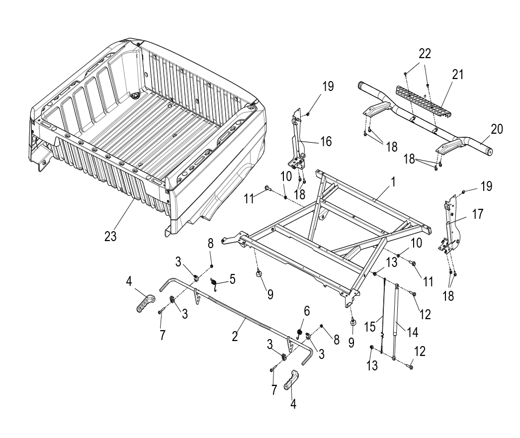 Exploded schematic of Segway Fugleman UT10 Rear Cargo Box Assembly-us Standard, callout 23 is the u01 cargo box assy blue (only china)