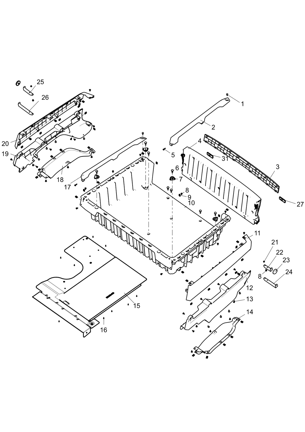 Exploded schematic of Segway Fugleman UT10 Rear Cargo Box Components, callout 26 is the rr bracket, reflector (widened)