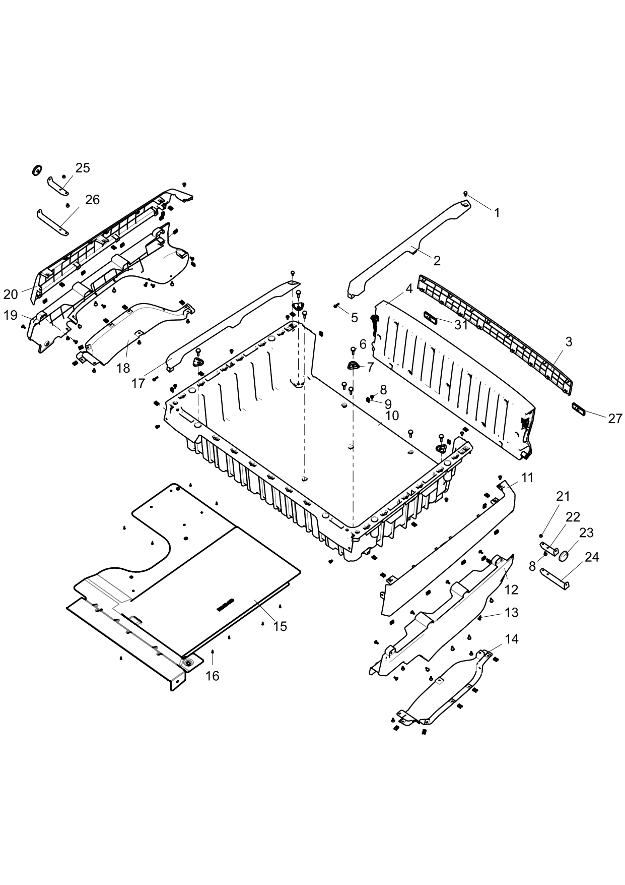 Exploded schematic of Segway Fugleman UT10 Rear Cargo Box Components, callout 26 is the rr bracket, reflector (widened)
