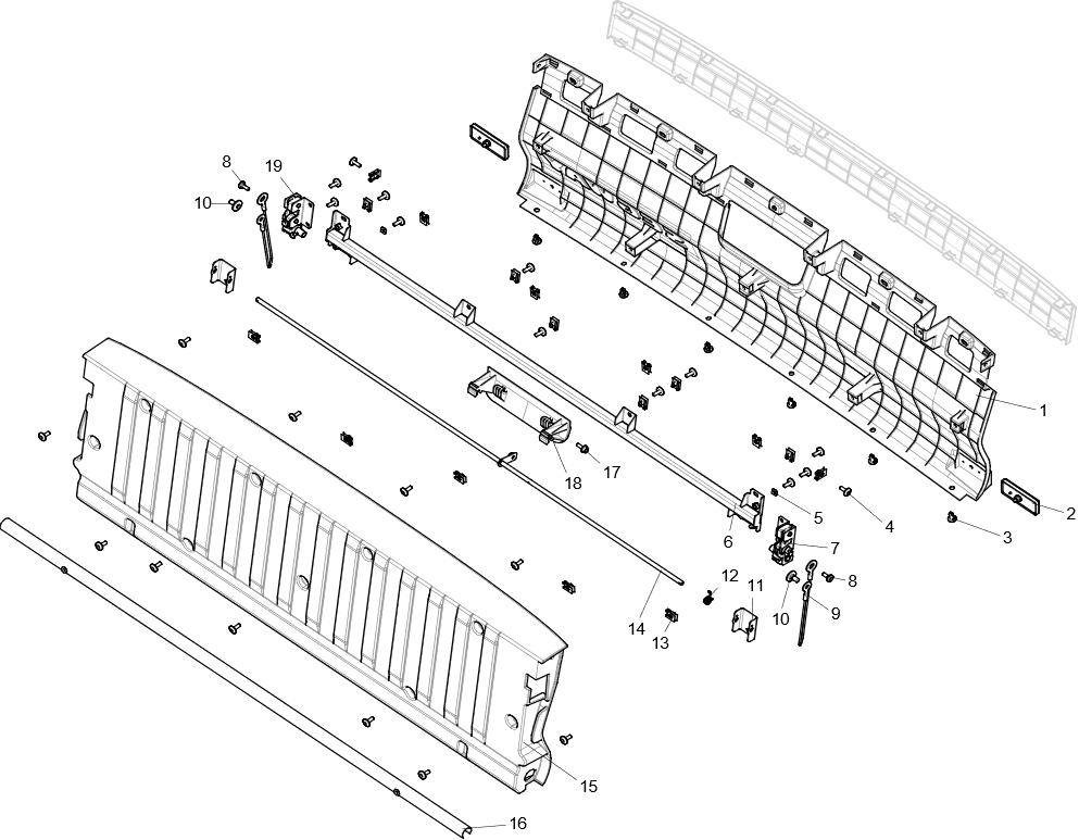 Exploded schematic of Segway Fugleman UT10 Cargo Box Door Panel Assembly, callout 19 is the u01 door lock of cargo box (right)