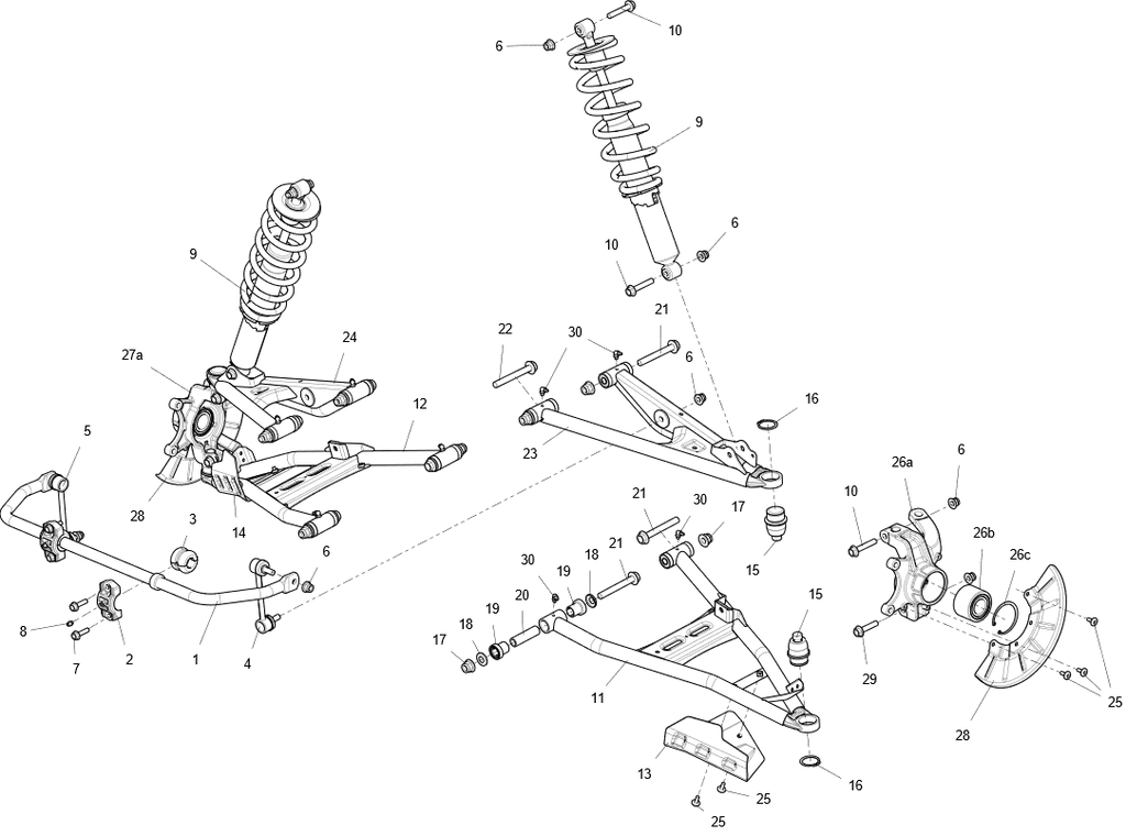 Exploded schematic of Segway Fugleman UT10 Front Suspension Assembly-us Standard, callout 28 is the brake rotor dust shield