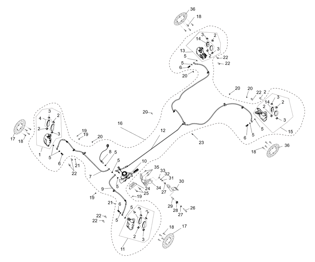 Exploded schematic of Segway Fugleman UT10 Driving Brake, callout 36 is the u01_rear brake discφ240，pcd140