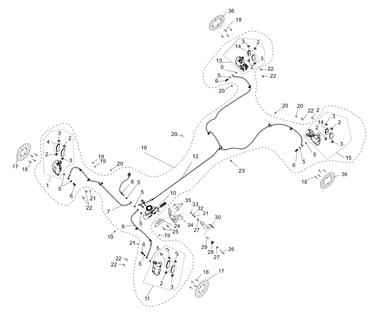 Exploded schematic of Segway Fugleman UT10 Driving Brake, callout 36 is the u01_rear brake discφ240，pcd140